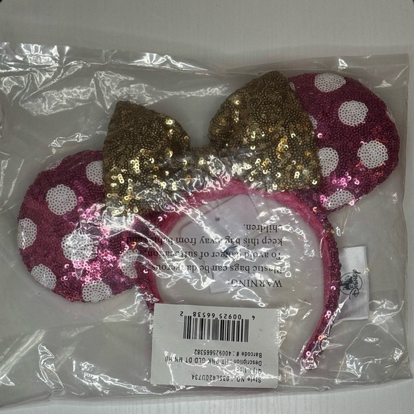 Hot Pink And Gold Minnie Mouse Polka Dot Sequined Ears - Picture 3 of 5